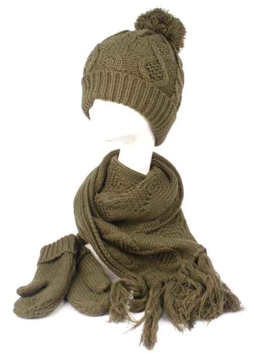KNIT BEANIE WITH POM POM + SCARF + MITTENS BN2771 SETS - Image 2